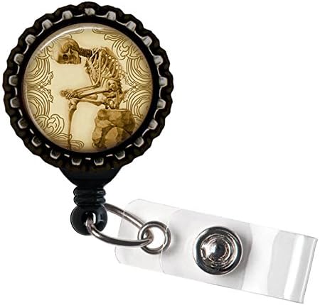 Antique Thinking Skeleton Black Retractable ID Tag Badge Reel by Geek Badges