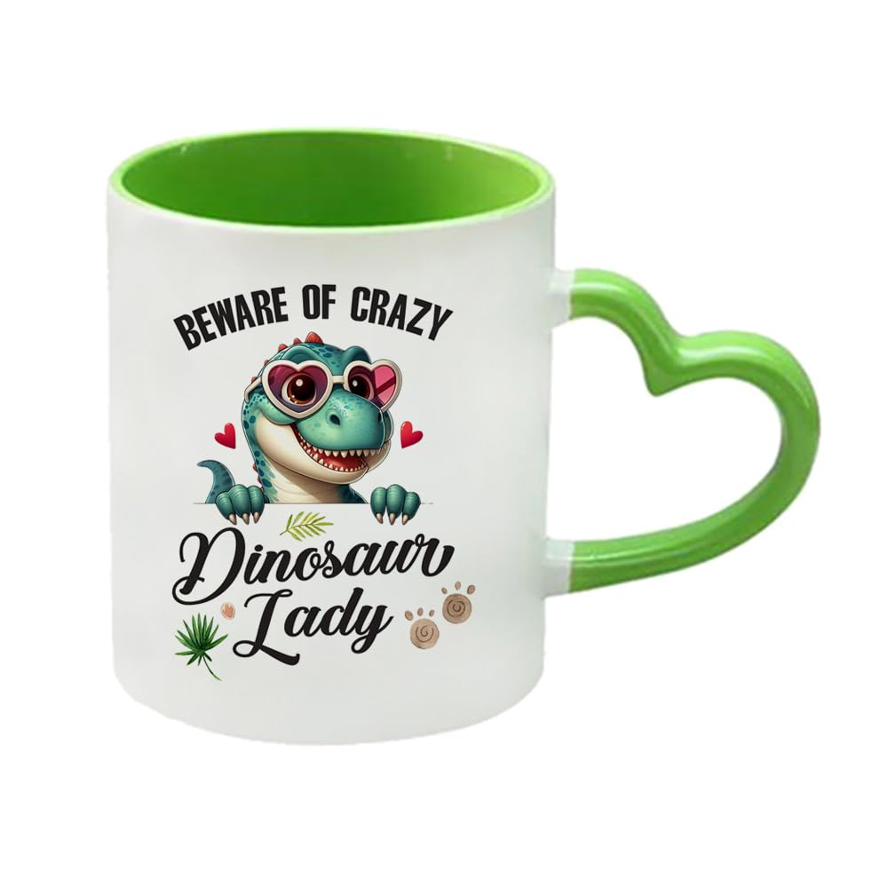 Getagift Beware of Crazy Dinosaur Lady, Gifts idea for Woman and Girls, Heart Handle Coffee, Tea Mug. (Green)