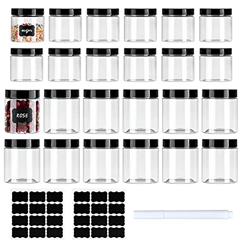 24Pcs 16oz + 8oz Wide Mouth Round Clear Plastic Jars with Screw On Lids and Labels for Storing Food, Makeup, Slime, Honey Jam, Cream, Sample, Lotion