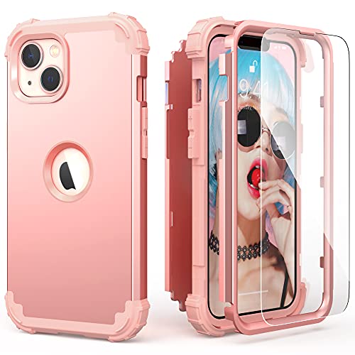 IDweel for iPhone 15 Case with Screen Protector for Women, 3 in 1 Shockproof Slim Fit Hybrid Heavy Duty Hard PC Cover Soft Silicone Bumper Full Body Case,Rose Gold