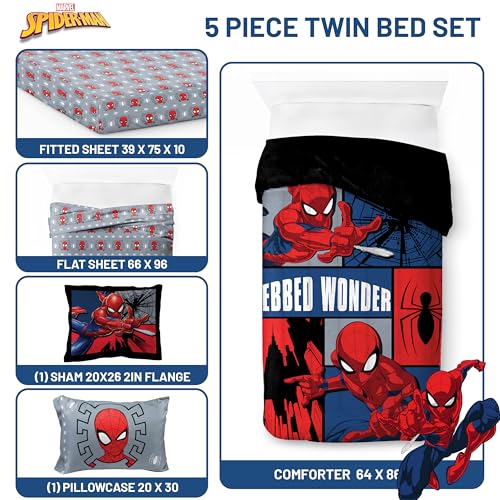 Image of Marvel Spiderman Twin Comforter Set 5 Piece Kids Bedding for Boys, Multi | Bed in a Bag, Comforter Sheets Sham Pillowcase, Official Product, Soft Microfiber, Machine Washable, Easy Care, Boys Gift
