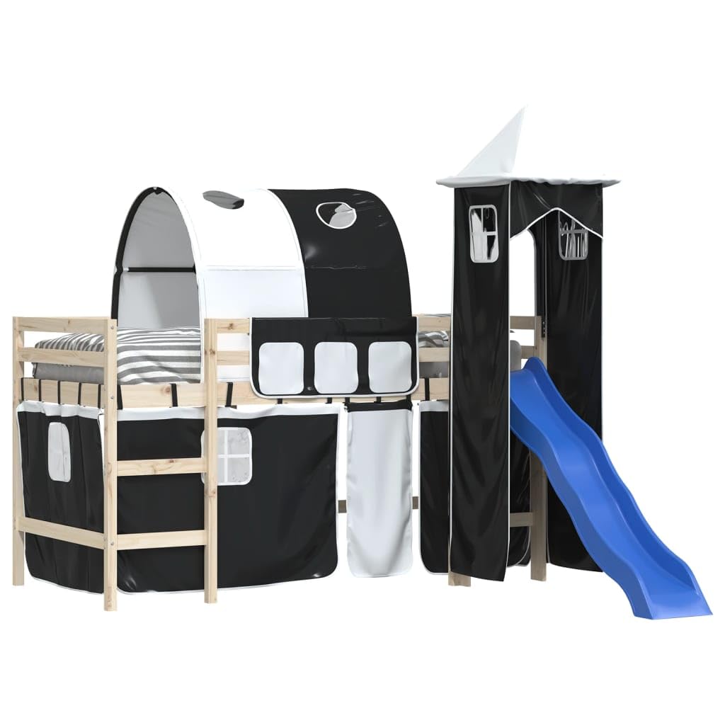 Vorhänge für Hochbett mit Tunnel und Turm Weiß Schwarz aus Polyester mit Aufbewahrungstaschen Betthimmel Zubehör für Kinderzimmer Spielspaß und sichere Befestigung am Lattenrost