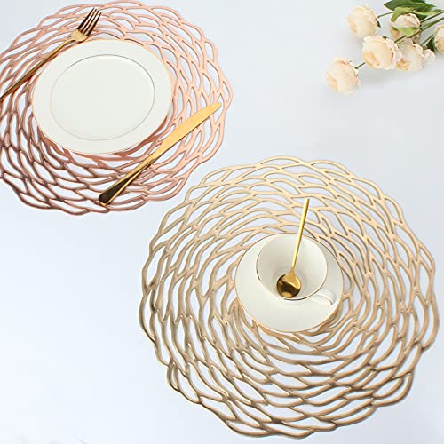 Evevde Gold Round Placemats For Dinner Table Set Of 6 Metallic Plastic Vinyl Place Mats No-Slip Wipeable 6Pcs Table Mats For Daily Use Wedding Anniversary Kitchen Table Decoration(Dia:15Inch/38Cm) #TOP2