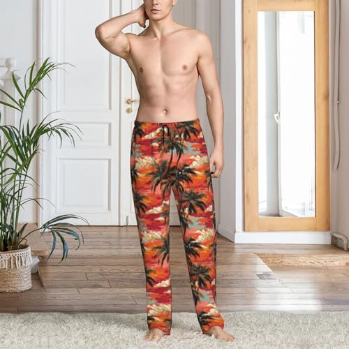 Mens Pajama Pants - Tropical Sunset Scenery Print Soft Sleep Lounge Pants For Men, Casual Pj Bottoms With Pockets2