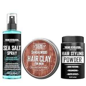 Viking Revolution Sea Salt Spray for Hair Men (8fl oz), Matte Sandalwood Hair Clay (2 oz) and Hair Styling Powder for Men (1oz) – Men Hair Styling Kit – The Ultimate Trio for Texture, Volume, and Hold