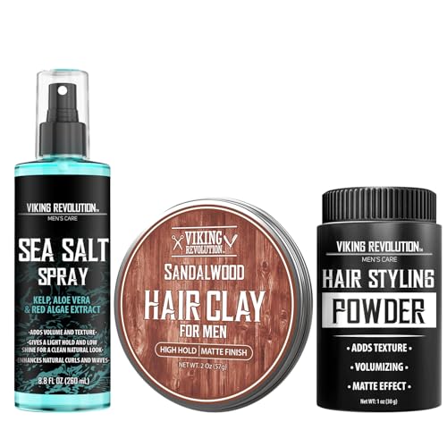 Viking Revolution Sea Salt Spray for Hair Men (8fl oz), Matte Sandalwood Hair Clay (2 oz) and Hair...