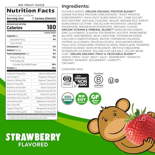 Orgain Organic Kids Nutritional Protein Shake, Strawberry - Kids Snacks with 8g Dairy Protein, 22 Vitamins & Minerals, Fruits & Vegetables, Gluten Free, Soy Free, Non GMO, 8.25 Fl Oz (Pack of 12) 2 Orgain Organic Kids Nutritional Protein Shake, Strawberry - Kids Snacks with 8g Dairy Protein, 22 Vitamins & Minerals, Fruits & Vegetables, Gluten Free, Soy Free, Non GMO, 8.25 Fl Oz (Pack of 12)