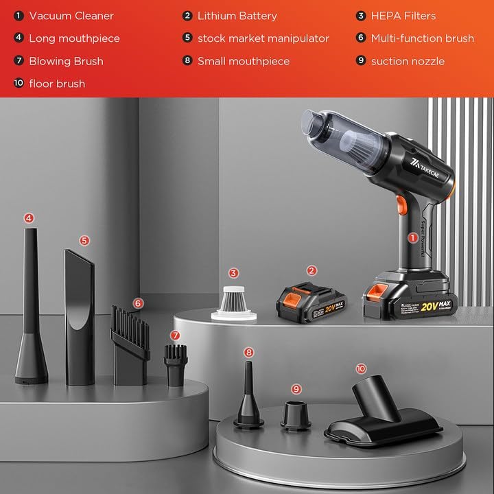 Miniatura 8 de Aspirador de mano inalámbrico recargable de 15000 PA, 2000 mAh x 2 baterías, mini aspirador de accesorios de automóvil para interiores, plumero de