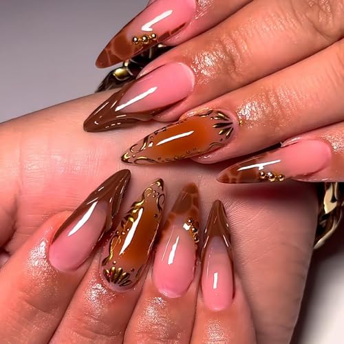 Image of Brown Press on Nails Medium Almond Fake Nails French Tip False Nail with Gold Design Ombre Glue on Nails Reusable Artificial Acrylic Full Cover Stick on Nail for Women Manicure 24Pcs