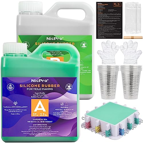 74oz Platinum Silicone Mold Making Kit with Molds Housing & Mixing Cups 1:1 Ratio 20A Medium Hardness Non-Toxic Liquid Silicone Rubber for Resin Jewelry Craft Molds