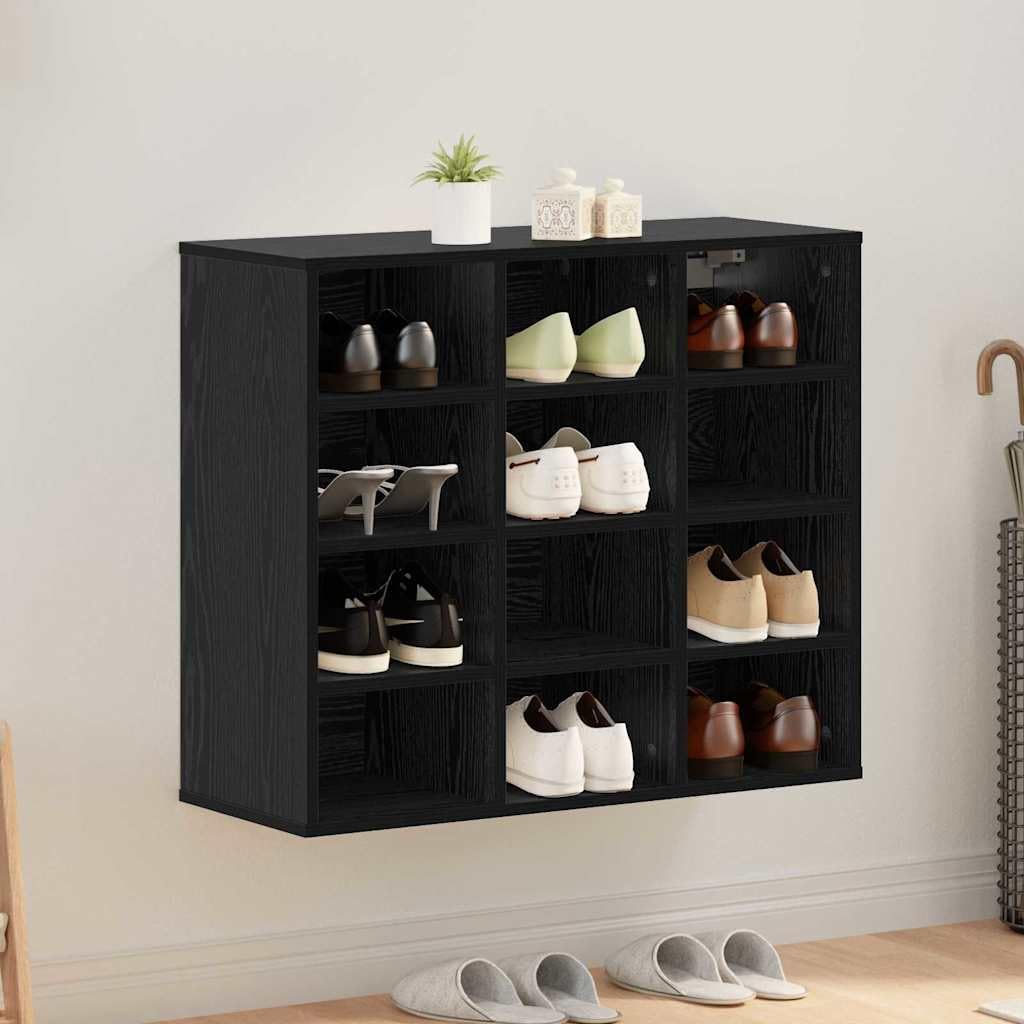 Schuhschrank mit Regal Schwarz Eichen-Optik aus Holzwerkstoff 77,5 x 30 x 67 cm mit 12 Regalbrettern, Schuhregal platzsparend, Schuhablage, Schuhständer, Schuhgestell, Schuhaufbewahrung