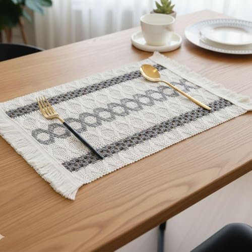 Image of HomeCloud Croshia Woven Table placemat - Heat Resistant, Washable Table Decoration for Dining, Office, Kitchen, Hotel, and Home (Rec White Grey, Set of 1)