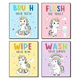 EVER-GOING TUNE Funny Unicorn Bathroom Wall Art,Colorful Toddler Bathroom Decor for Kid Washroom Restroom Nursery Toilet Laundry Decor Toddler Boys Girls Accessories,Sets of 4 (8x10 Unframed)
