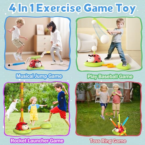 4 in 1 Musical Jump, Toss Ring Game, Baseball Toys and Stomping Launch Rocket Launcher for Kids Toys & Games with Remote, Indoor Outdoor Toys for Kids Ages 4-8 3-5 Baseball Party Favors Birthday Gift