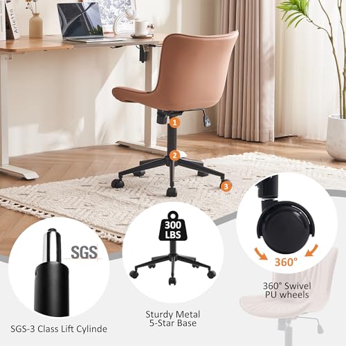 Image of YOUTASTE Pink Modern Office Chair, Faux Leather Armless Desk Chair with Wheels, Height Adjustable, Swivel, Rocking, 300 lbs Capacity, Metal Base, for Home Office Vanity