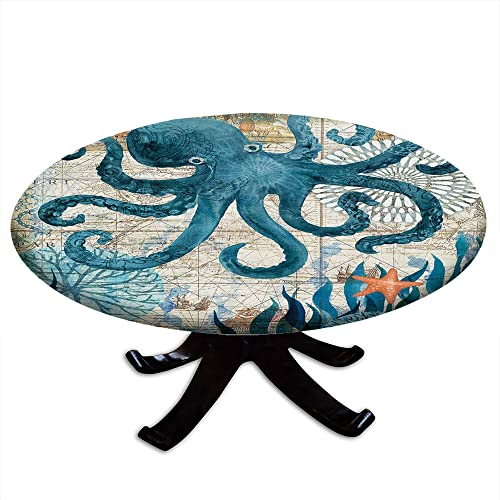 Mantel redondo ajustable de pulpo marino, un mapa azul náutico en la costa de la vida marina, borde elástico, impermeable y lavable, mantel de decoración de mesa, fiesta de bufé y camping, apto para