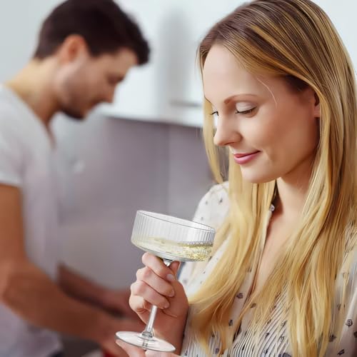4 Pcs Ribbed Coupe Glasses, 10 oz Vintage Cocktail Coupe Glasses Set, Unique Martini Glass, Classic Galssware, Bar Drinking Glasses Set Pefect for Cocktail, Wine