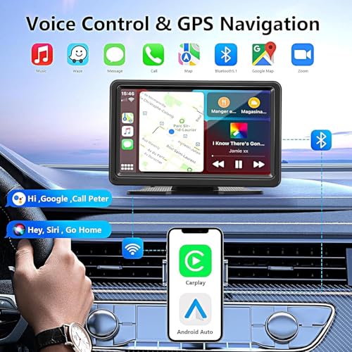 Image of AUTO SNAP Portable Screen 7 Inch Car Play Android Auto Screen Touch Screen Wirelss Voice Control Bluetooth Mirror Multimedia