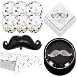 Mustache Party Pack - Black and White Moustache Paper Dessert Plates, Napkins, Table Cover Set, and Balloon Set (Serves 16)