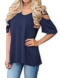 LILBETTER Women's V Neck T Shirts Casual Loose Cut Out Shoulder Blouses (Navy Blue L)