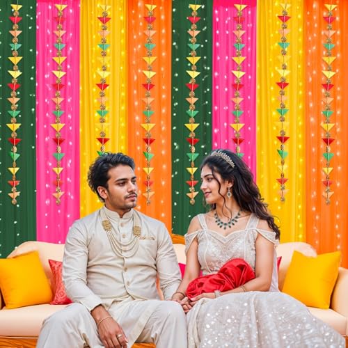 Image of Party Propz Ganpati Decoration Setup for Home - 18Pcs Ganpati Decoration Items with Triangle Hanging, Fairy Light, Varamahalakshmi Decorative Items, Backdrop Cloth for Decoration Pooja (Net Curtain)