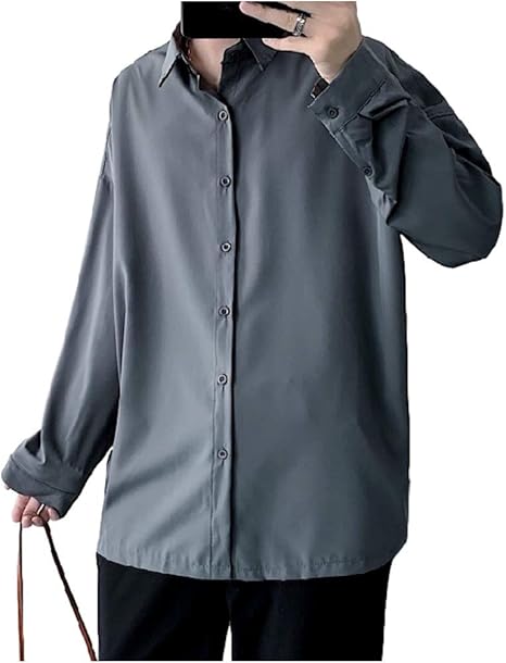 Amazon Co Jp 洋服ドットコム 最新 メンズ シャツ ドロップ ショルダー ビッグ シルエット 長袖 襟付き 胸ポケット付き 大きい 無地 フォーマル 秋 M L Xl Ym3 グレー Xl ファッション