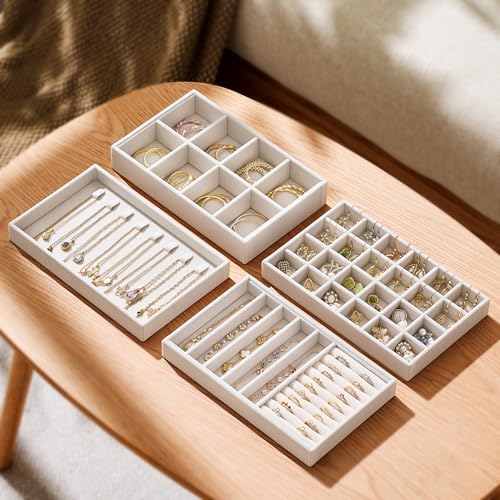 Velvet Jewelry Drawer Organizer Trays – Beige Stackable Jewelry Storage Inserts Set, 4-Layer Jewelry Tray Set for Earrings, Rings, Necklaces, Bracelets with Removable Dividers for Dresser & Vanity3