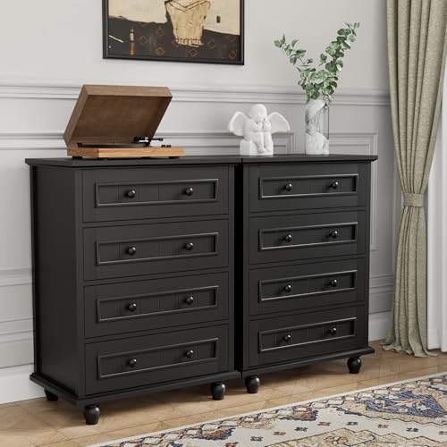 Image of 4 Drawer Dresser for Bedroom, 35'' Tall Storage Chest of Drawers, Black | Farmhouse Dresser for Closet, Wood Storage Cabinet, Vintage Roman Column Legs, Painted Finish, Easy Assembly, Heavy Duty