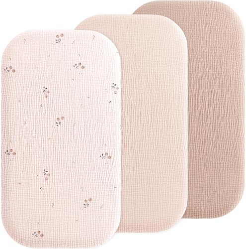 Susurration 3er Set Musselin-Baumwolle Spannbettlaken 84x43cm, Universelle Kinderwagen Spannbettlaken Stubenwagen Matratzenschoner für Jungen und Mädchen (Subtle Pink)