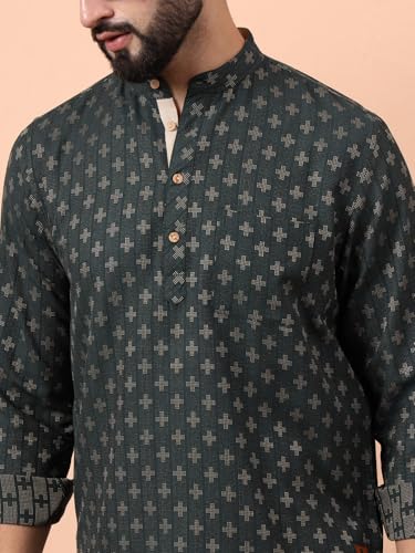 Image of LATEST CHIKAN Men's Cotton Regular Self Design Short Kurta Full Sleeves - Casual Ethnic Wear