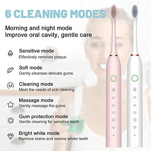 2 Pack Electric Toothbrush For Adults, With 8 Brush Heads, 6 Modes 42000Vpm, Sonic Electric Toothbrush White+Pink #TOP4