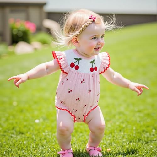 Newborn Smocked Baby Girl Bubble Romper Sleeveless Ruffle Linen Bodysuit Infant Cherry Fruit Summer Outfit4