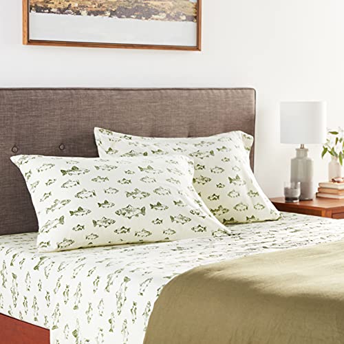 Image of Eddie Bauer - Flannel Sheets Queen Size, Anti-Pilling & Wrinkle Resistant Cotton, Touchably Soft for All-Season Comfort - Bed Sheets with Matching Pillowcases & Fitted Sheet (School of Fish Green)