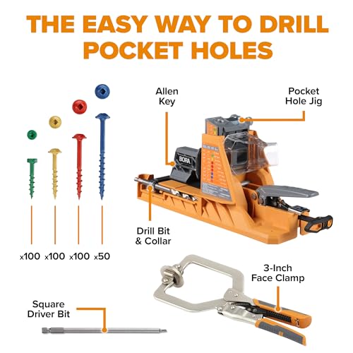 Image of BORA Automatic Pocket Hole Jig with Two 3 inch Face Clamps & 350 pc Pocket Hole Screw Set, Auto Adjusting Drill Guide, Pocket Hole Jig Kit for Woodworking - For Materials 1 /2 inch to 1-1 /2 inch Thick