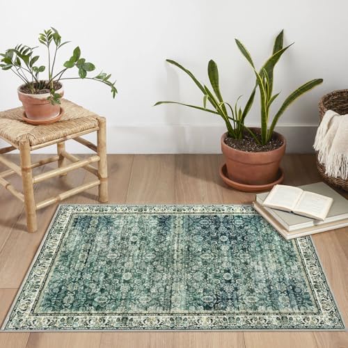 2x3 Green Blue Washable Rugs for Entryway, Soft Distressed Floral Area Rug Vintage Carpet with Non-Slip Low-Pile Mat for Kitchen, Bedside, Foyer, Indoor Door Mat