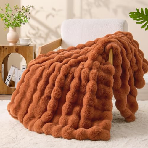 Image of BEDELITE Faux Fur Throw Bubble Blanket for Couch, 50 inch x 60 inch, Burnt Orange