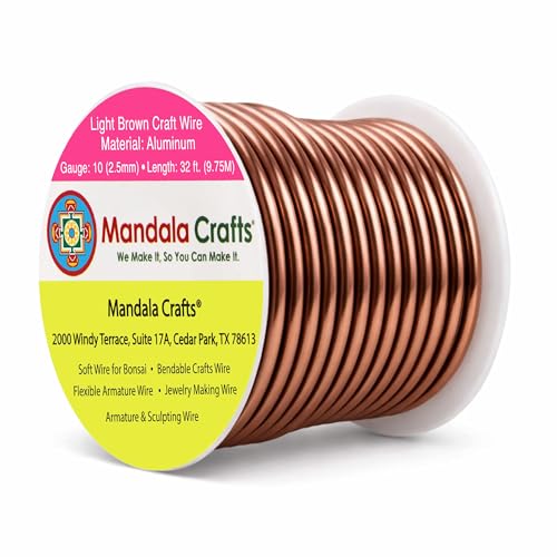 Image of Mandala Crafts 10 Gauge Anodized Aluminum Craft Wire for Jewelry Making - 32 FT Colored Flexible Light Brown Wire - Bendable for Bonsai Armature Crafting Sculpting