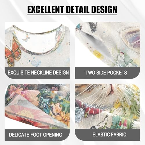 ALAZA Funny Blossom Cat Flower Butterfly Pajamas Set Short Sleeve Cotton Sleepwear Summer Pjs 2 Piece 5-14Y4