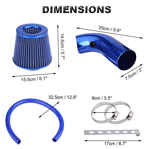 Partol 3" Cold Air Intake Pipe, Universal Cold Air Intake Induction Kit Aluminum Air Intake Pipe Hose With Filter - Blue - Thumbnail 2