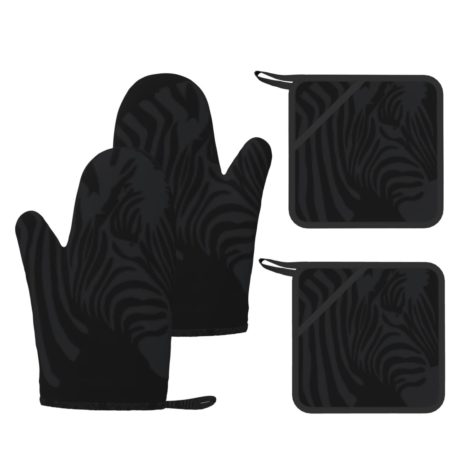 Zebra Printed Oven Mitts with Pocket and Hot Pads, Silicone Non-Slip Kitchen Gloves for Baking BBQ