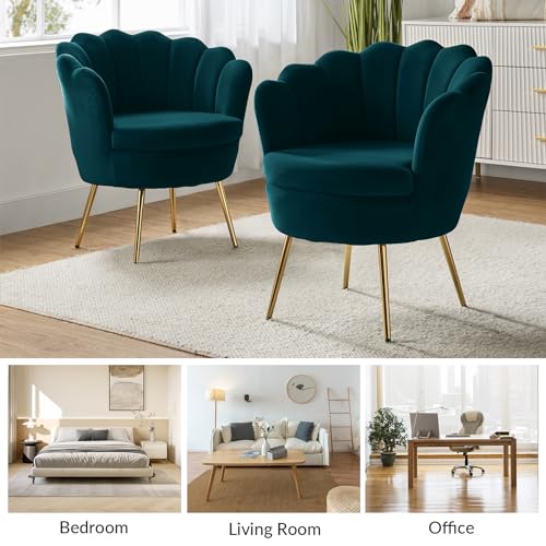 Image of HULALA HOME Modern Velvet Accent Chair with Shell Shaped Back, Cute Living Room Bedroom Armchair Sofa Chair with Gold Legs, Comfy Upholstered Vanity Chair for Makeup Room, Blue