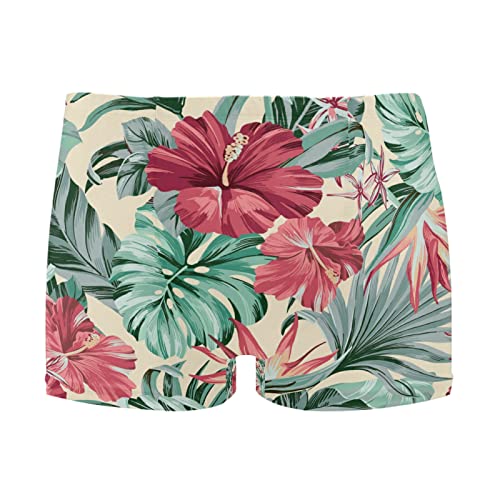 Square Leg Swim Brief Exotic Tropical Flowers Hibiscus and Palm Leaf Athletic Quick Dry Bathing Suit for Men 3XL