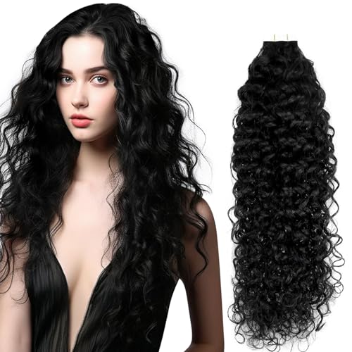 Image of Easyouth Black Curly Tape in Hair Extensions Real Human Hair Tape in Extensions Natural Black Human Hair Glue in Hair Extensions Natural Curly 14Inch 50g 20pcs