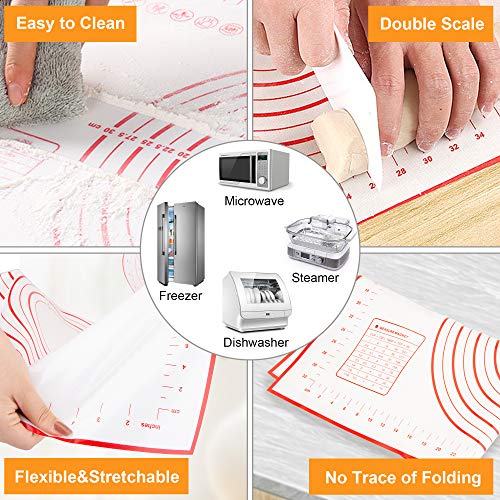 Rolling Pin, ENLOY Stainless Steel Adjustable Roller Pin with 4 Removable Thickness Rings and Silicone Red Pastry Mat for Baking Dough, Pizza, Pie, Pastries, Pasta, Cookies