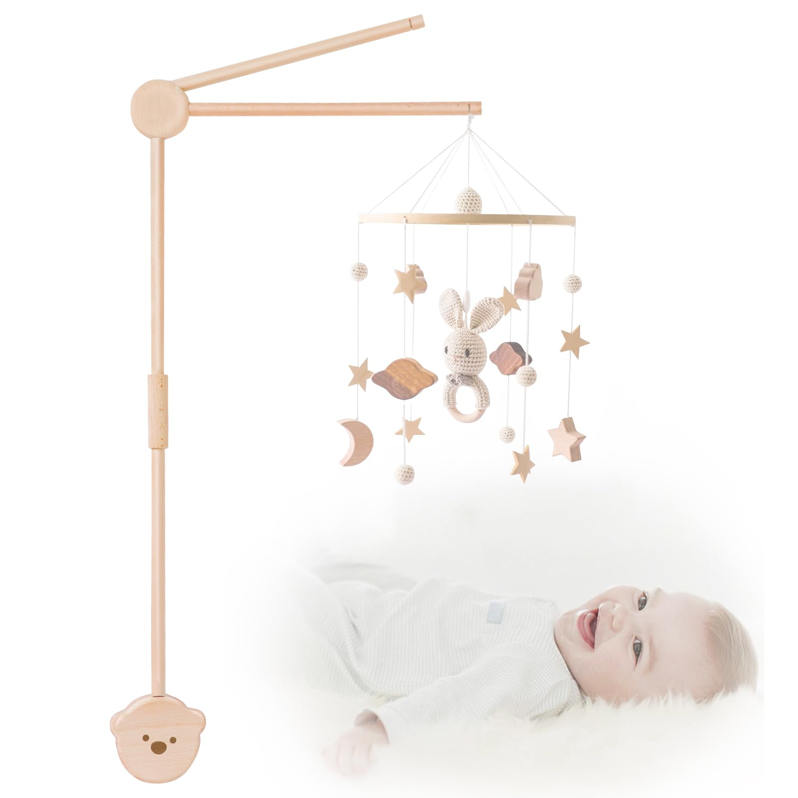 Mobile Halterung Holz für Babybett, Mobile Ständer Niedlicher Bärenform Design, 360°Drehbar Baby Mobile Aufhänger, Verstellbarer Abnehmbarer, für Aufhängung Spieluhr Bettglocke Baby Bett Spielzeuge