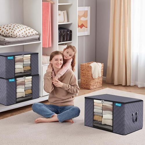KURNI Storage Bags Clothes Organizer 6 Pack Grey, Large Moving Boxes With Top Lid 90L Capacity, 3 Sided Zipper Storage Box. Dust/Mites & Moisture Proof 60 x 43 x 35cm - Image 4