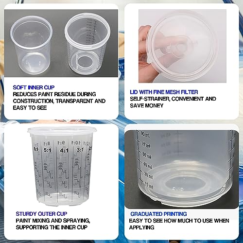Image of MDH Disposable Paint Spary Gun Cup Set w / 50 Cups and Lids System / 20 Plugs /1 Hard Cup w /Retainer Ring for use Disposable Paint Spary Gun Cup Liners & Lid System (20 Ounce Cup Kit (600ml))