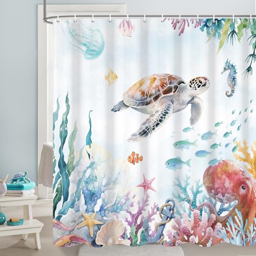 GCIREC Sea Turtle Shower Curtain Colorful Nautical Coastal Ocean Beach Theme Cute Sea Turtles Bathroom Curtain Home Bathtub Decor Waterproof Fabric Machine Washable with 12 Hooks 72 Wx72 L