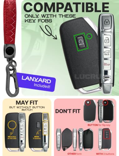 Image of Lucrum Key Fob Cover for Kia, TPU KeyFob Case & Leather Keychain | Fits NOT FLIP Sportage Soul Forte Telluride EV6 Niro K5 Stinger, 5 Buttons (2018-2025) - Red and Black