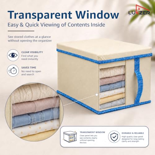 Image of Lukzer 4 PCs Wardrobe Organizer for Storage - 20L Non-Woven Foldable Cloth Organizer /Storage Box with Lid & Handle | Stackable Space-Saving Multipurpose Organizers for Home & Office Use - Beige /Blue